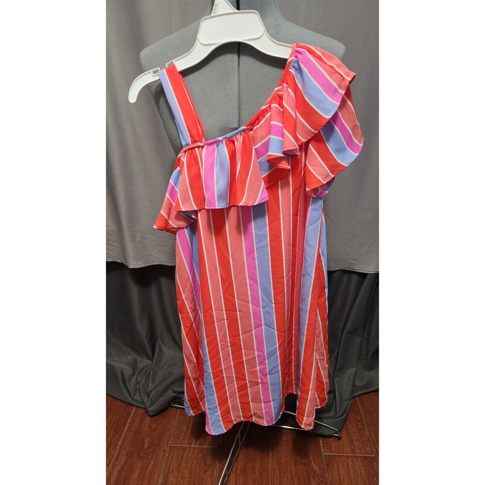 MY Michelle One Shoulder Ruffle Striped Dress Multicolor Shift Size L Large